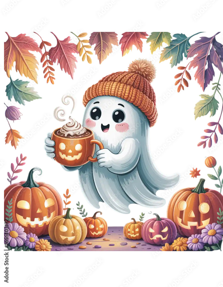 Naklejka premium Cute ghost holding pumpkin spice latte with pumpkins