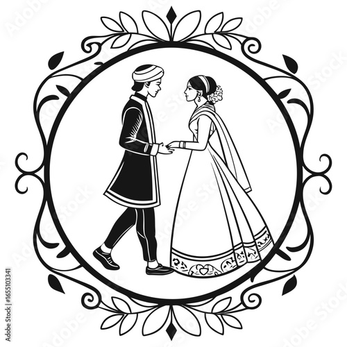 Elegant Wedding Celebration Black and White Line Art Featuring a Romantic Couple Embraced Within a Floral Heart