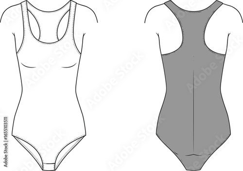 Blank women’s bodysuit front and back view template for apparel design, fashion mockup, sewing pattern, clothing illustration
