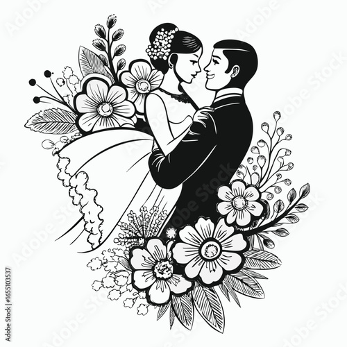 Elegant Wedding Celebration Black and White Line Art Featuring a Romantic Couple Embraced Within a Floral Heart