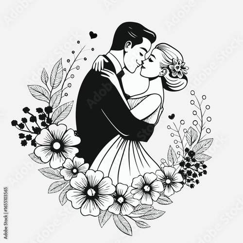Elegant Wedding Celebration Black and White Line Art Featuring a Romantic Couple Embraced Within a Floral Heart