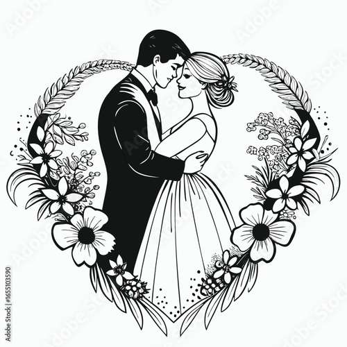 Elegant Wedding Celebration Black and White Line Art Featuring a Romantic Couple Embraced Within a Floral Heart