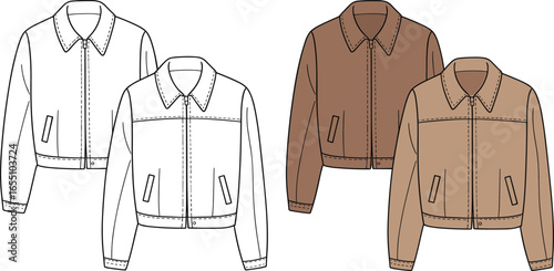 Bomber jacket vector template, fashion flat sketch with zipper front, casual outerwear technical drawing, stylish apparel design