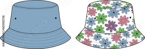 Bucket hat fashion vector, plain blue and floral print reversible design, trendy unisex summer accessory template