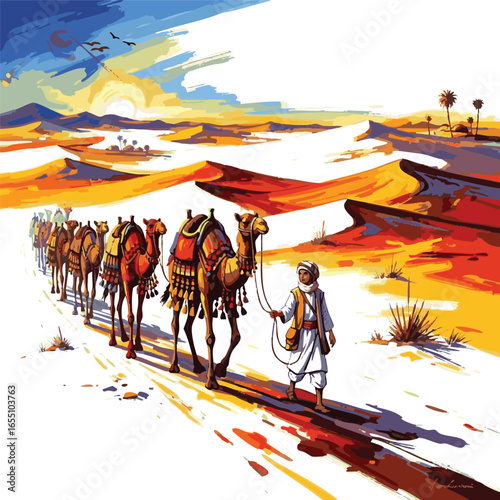 need a kinds of different Desert scene with camel rope shepherd boy victor art color with white background.