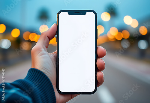 Close up of a hand holding a smartphone with a blank white screen in an urban environment with blurred lights