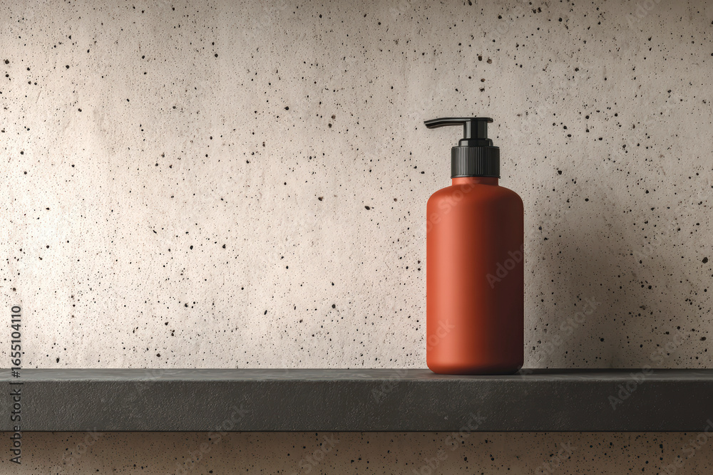 Obraz premium Minimalist Dark Amber Bottle on Shelf Against Textured Wall Background