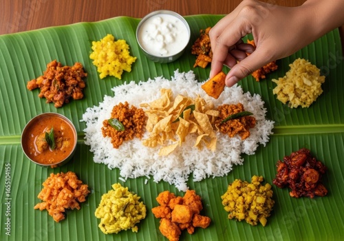 A hand picking up a piece of food from a traditional south indian kerala meal served on a banana leaf with rice and various curries