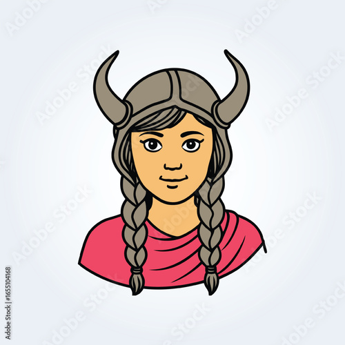 a character illustration of a Viking woman in a pink dress