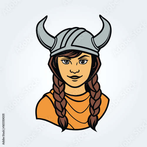a character illustration of a Viking woman wearing an orange shirt