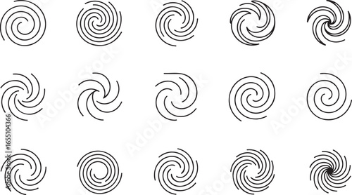 A series of abstract spiral icons, represented in clean line art, ideal for designs related to motion, fluidity, and energy.