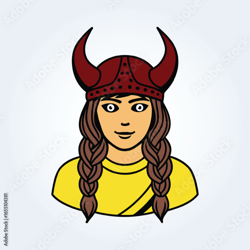 a character illustration of a Viking woman wearing a yellow shirt 