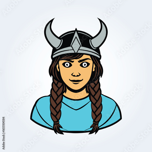 a character illustration of a Viking woman with a grey-horned helmet and brown hair