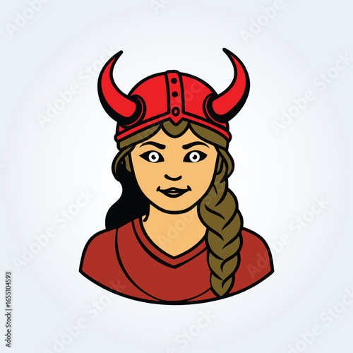 a character illustration of a Viking woman with a red-horned helmet and brown hair