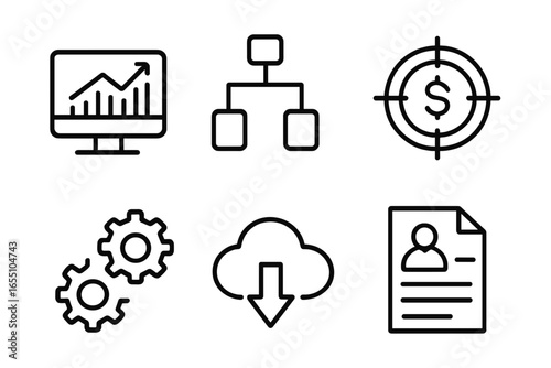 Business icons depicting growth, organization, and downloads digital business system