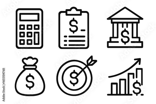 Financial icons including calculator, bank, and money symbols financial planning icons