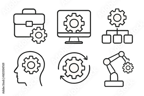 Business and technology symbols with gears and workflow icons enterprise automation icons