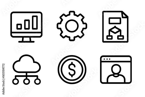 Digital business icons with graphs, cloud, and currency symbols digital business system