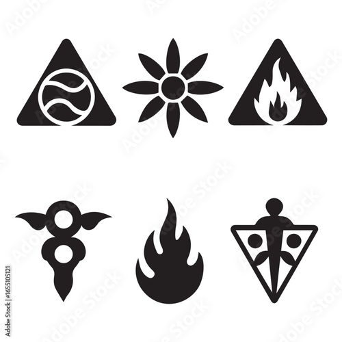 Black graphic symbols including elemental and human figures white