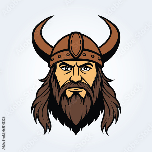 a character illustration of a Viking man with a brown-horned helmet and brown beard