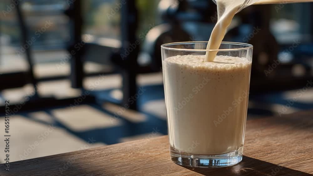 A dynamic shot of a vanilla whey shake splashing into a glass, set against a minimalist gym backdrop with shadowed equipment. A dynamic shot of a vanilla whey shake splashing into a glass, set against a minimalist gym backdrop with shadowed equipment.