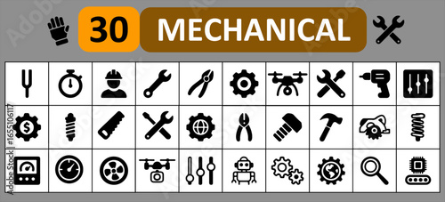 Mechanical Icons Collection of 30 Detailed Engineering, Tools, and Industrial Symbols for Design, Technology, Construction and Manufacturing Projects