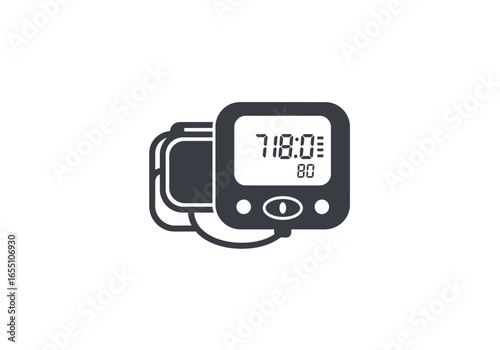 Digital Blood Pressure Monitor Icon: Dark Gray Device with Cuff and Display Showing 118-80 Reading.