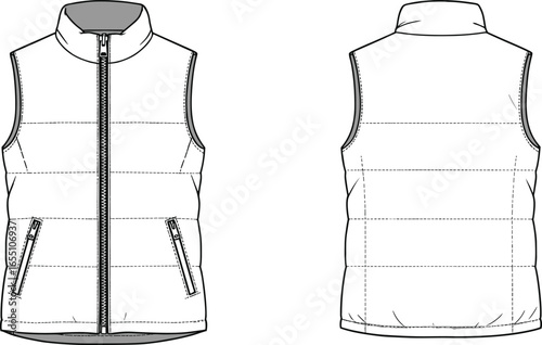Puffer vest vector template, sleeveless jacket fashion sketch with zipper front, warm outerwear technical drawing