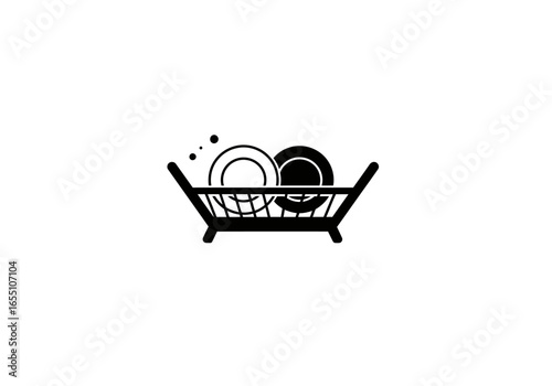 Black dish rack with two plates and water drops icon.