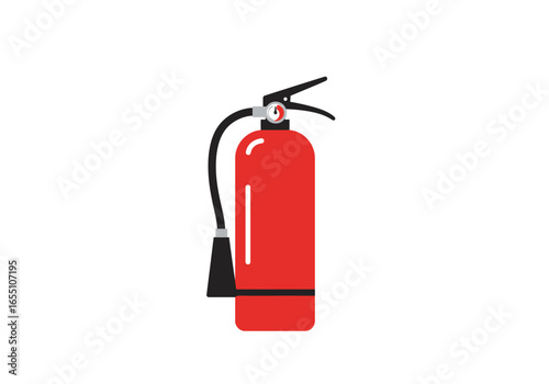 Red Fire Extinguisher with Black Hose and Handle Safety Equipment.