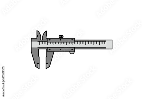 Gray Caliper Tool with Measurement Scale and Jaws Illustration.