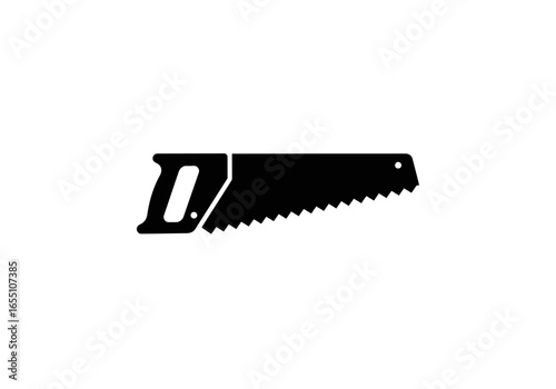 Black Silhouette Hand Saw with Jagged Blade and Handle Design.