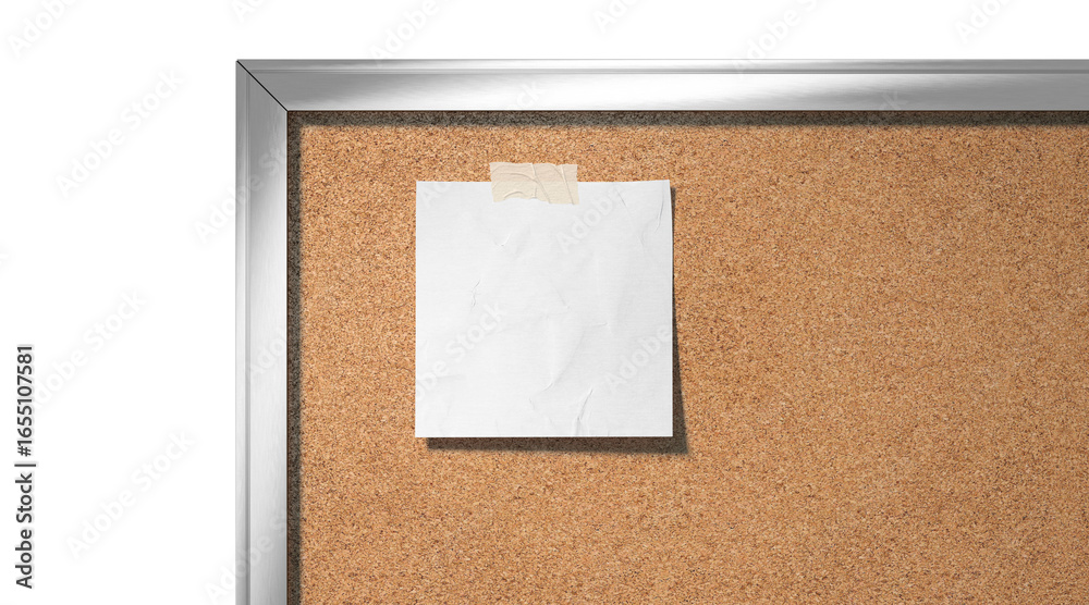 Fototapeta premium Blank white paper note taped cork-board mockup, depth of field