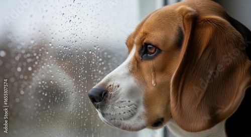 Sad beagle dog gazes out rainy window anticipating owner's return warmth