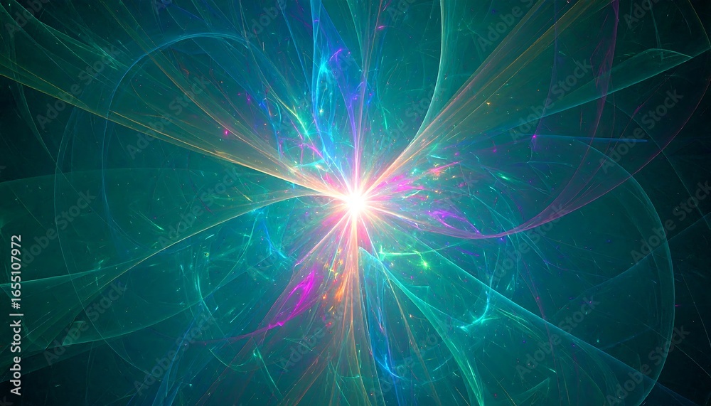 Fototapeta premium A vibrant, radiating design features a central point of light surrounded by swirling, translucent teal, turquoise, and pastel lines.