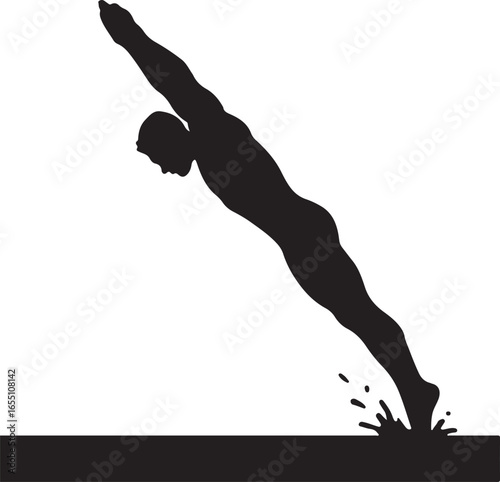 Black silhouette of a diver entering water with splash diving swimming