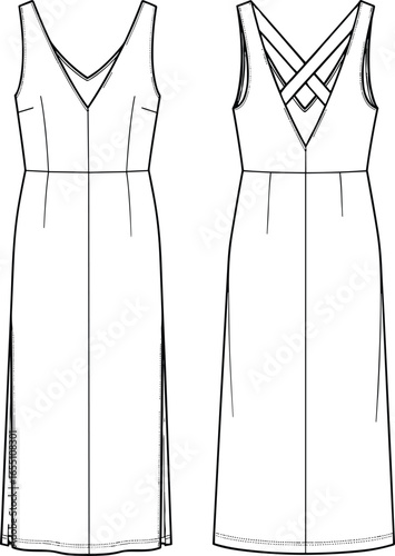 Women sleeveless dress fashion flat sketch, V-neck midi dress design, criss cross back clothing illustration