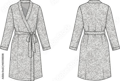 Women robe fashion flat sketch, belted kimono style nightwear design template, vector technical clothing illustration