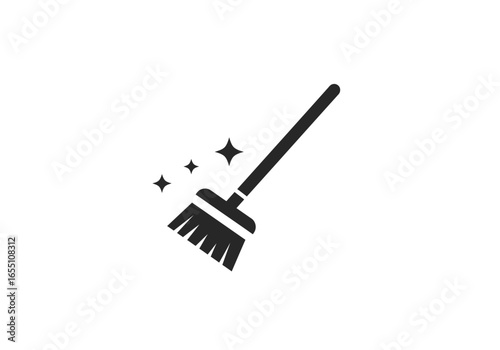 Simple Black Broom Icon with Sparkling Stars for Cleaning.