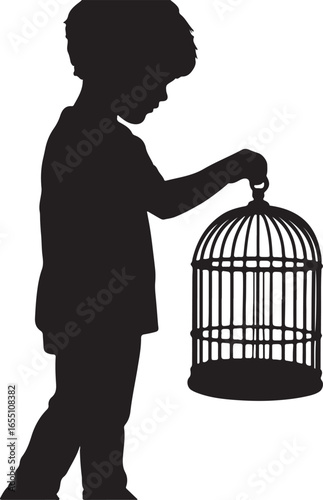 Black silhouette of a young boy holding an empty birdcage child