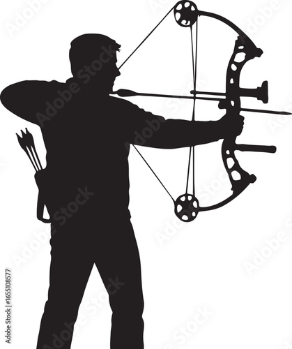 Silhouette of a man aiming a compound bow and arrow with quiver of arrows archery