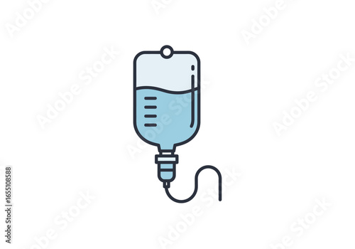Medical IV Drip Bag with Blue Liquid and Measurement Lines Icon.