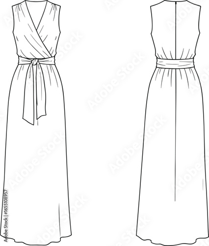 Women’s maxi dress fashion flat sketch, sleeveless wrap gown with belt, vector template front back design