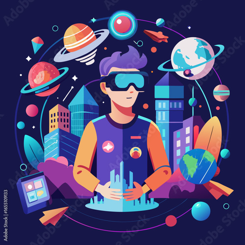 A vibrant vector artwork showing VR technology with a person wearing a headset, exploring virtual worlds of gaming, education, and adventure in a futuristic style.