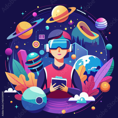 A vibrant vector artwork showing VR technology with a person wearing a headset, exploring virtual worlds of gaming, education, and adventure in a futuristic style.