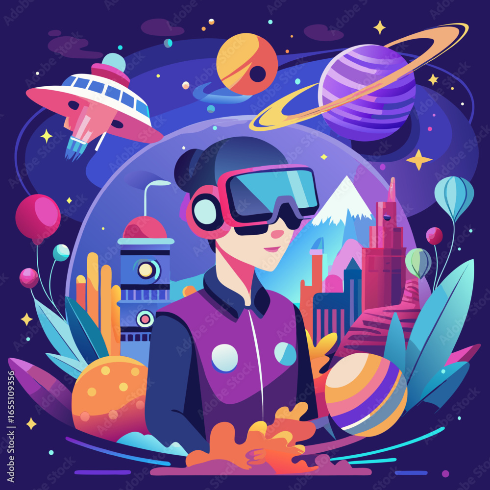 Naklejka premium A vibrant vector artwork showing VR technology with a person wearing a headset, exploring virtual worlds of gaming, education, and adventure in a futuristic style.