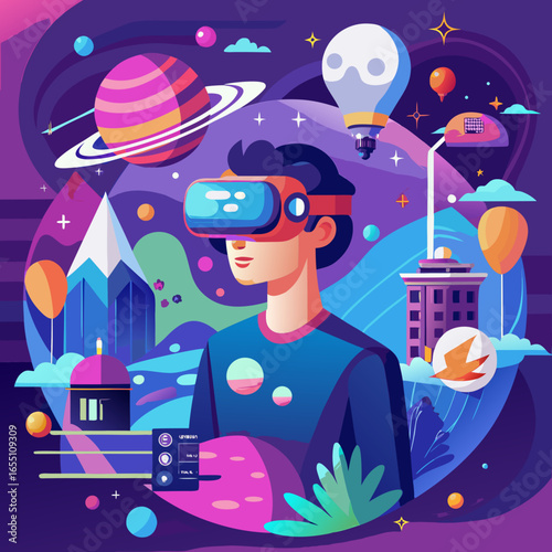 A vibrant vector artwork showing VR technology with a person wearing a headset, exploring virtual worlds of gaming, education, and adventure in a futuristic style.
