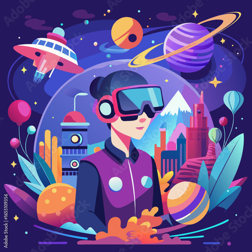A vibrant vector artwork showing VR technology with a person wearing a headset, exploring virtual worlds of gaming, education, and adventure in a futuristic style.