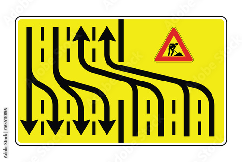 Road Works Lane Merge Sign – Five Lanes Merging into Three with Construction Warning  High-Visibility Vector for Traffic Infrastructure and Safety Systems