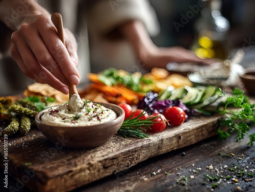 woman hands taking humus dip with vegetable plate